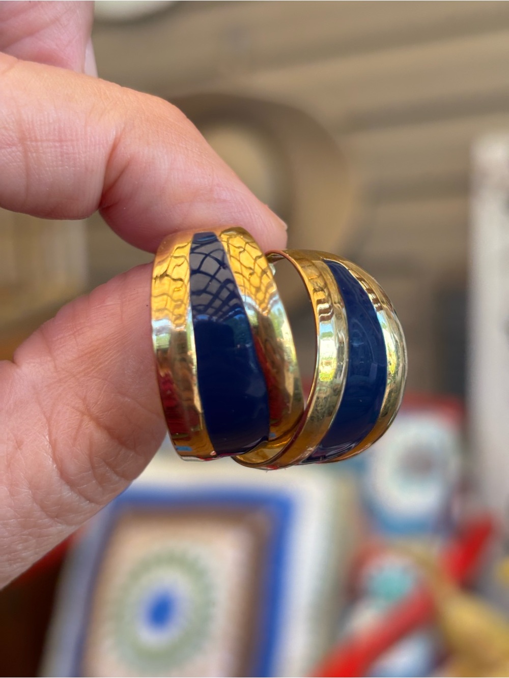Vintage estate sale Gold-Tone Hoop Earrings with Navy Enamel Inlay
